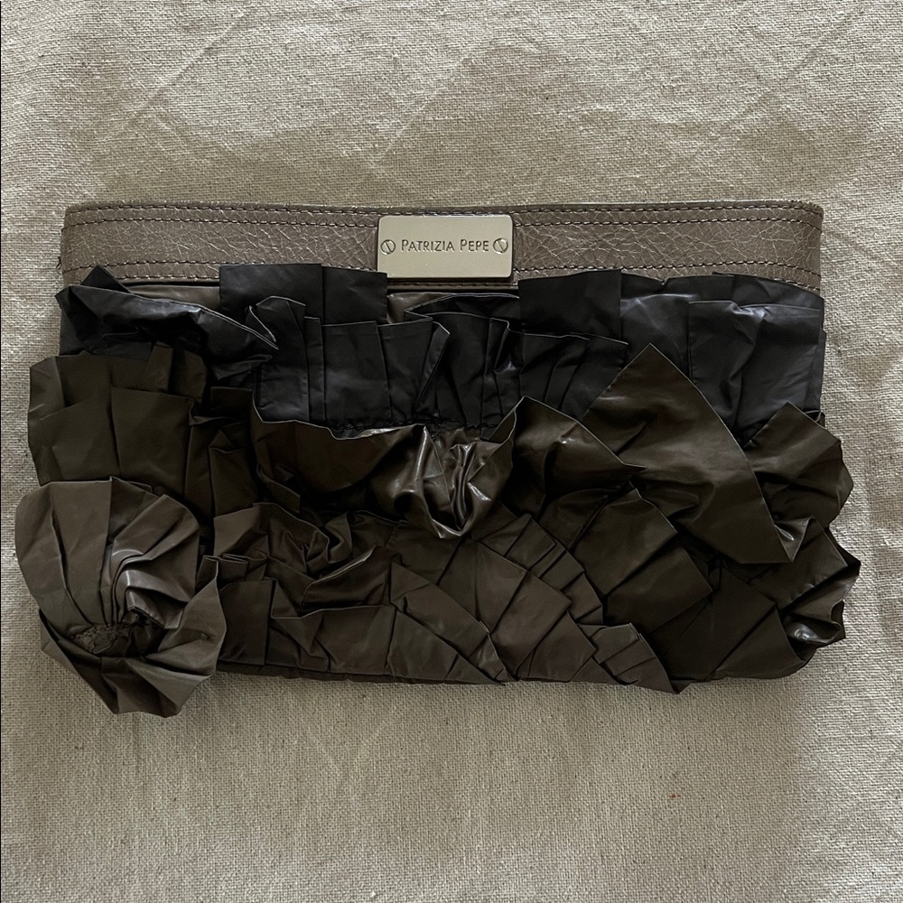 Patrizia Pepe Black and Brown Ruffled Clutch